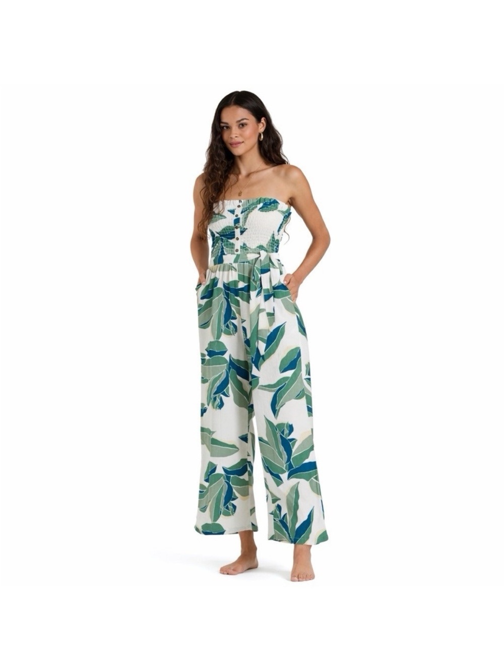 NWT Billabong Strapless Leaf-Print Wide-Leg Jumpsuit Size Medium